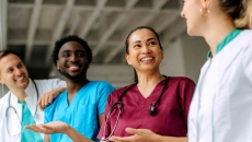 Group of healthcare providers standing in a circle and talking