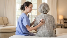 Healthcare provider sitting next to a patient on a bed listening to their lungs with a stethoscope