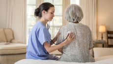 Healthcare practitioners examining a patient at home