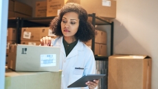 A person using a digital tablet while doing inventory in the storeroom of a pharmacy
