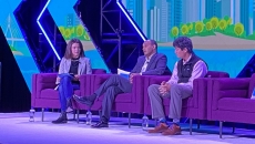 Business Insider reporter Blake Dodge moderates a session with Dr. Sree Chaguturu, chief medical officer at CVS/Caremark, and Marcus Osbourne, SVP at Walmart Health