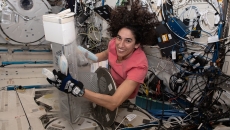 Flight engineer Jasmin Moghbeli works to retrieve Media Babs for Emory University's Project EAGLE investigation.