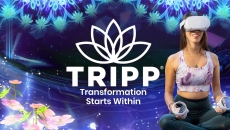 TRIPP logo and a person sitting down with a headset on