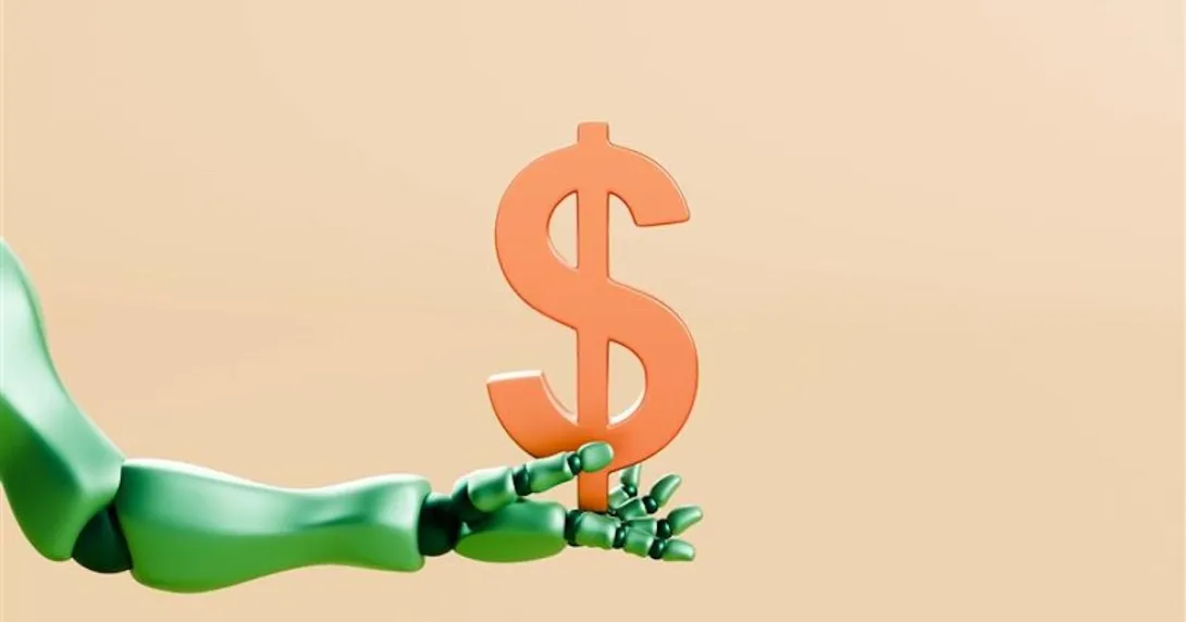 Futuristic Green Robotic Arm Offering a Golden Dollar Symbol 