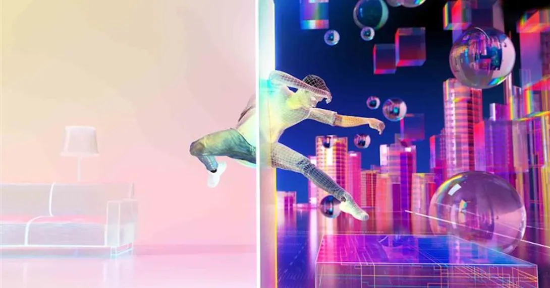 Digital interpretation of a man jumping from reality to a digital world