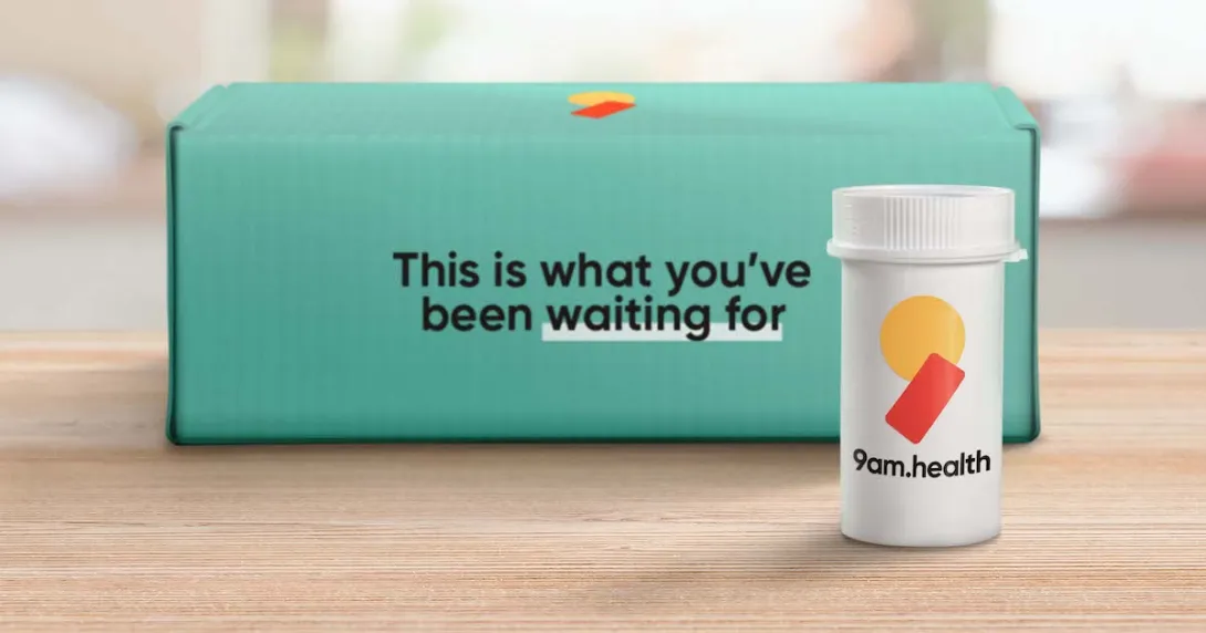 A 9am.health box and medication bottle