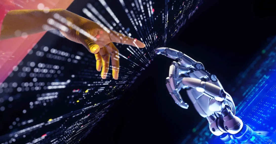 Digital image of two hands touching each other through a data screen