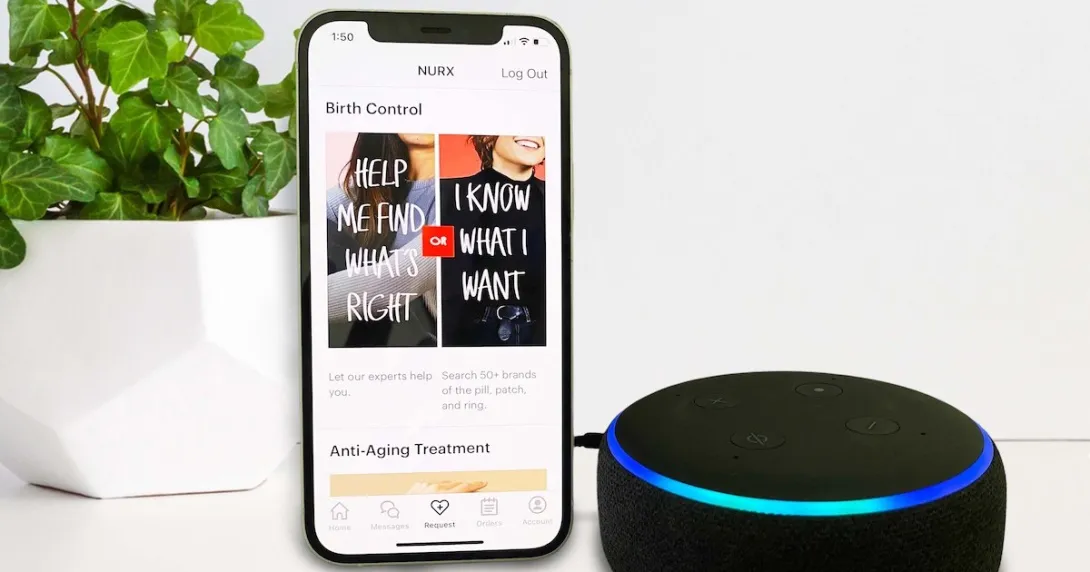 A smartphone displaying the Nurx app next to an Amazon Echo device