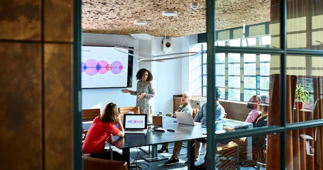 A woman presenting to a group of investors
