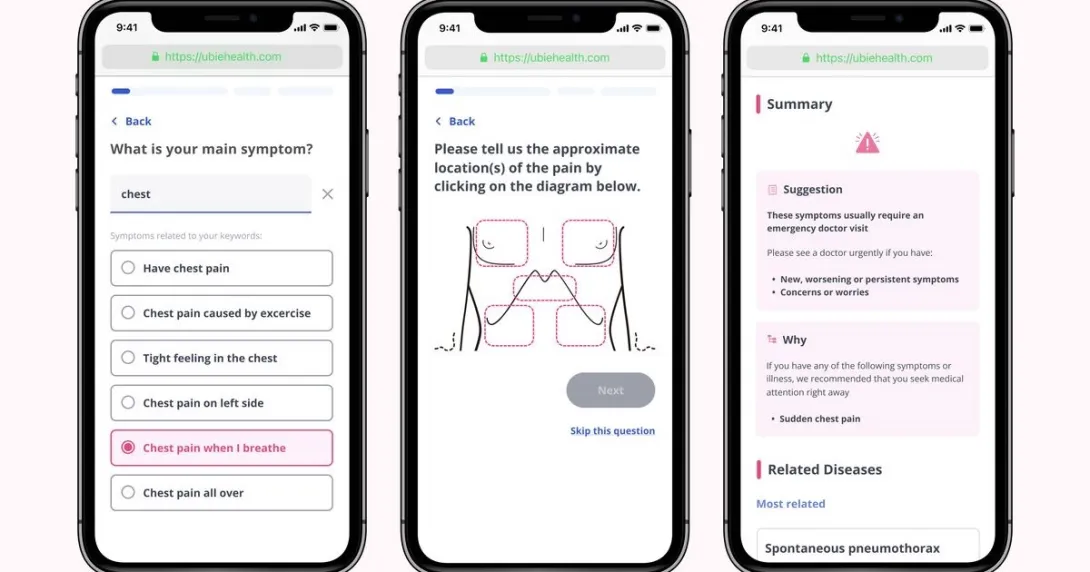 Mobile interface of Ubie's web-based AI Symptom Checker